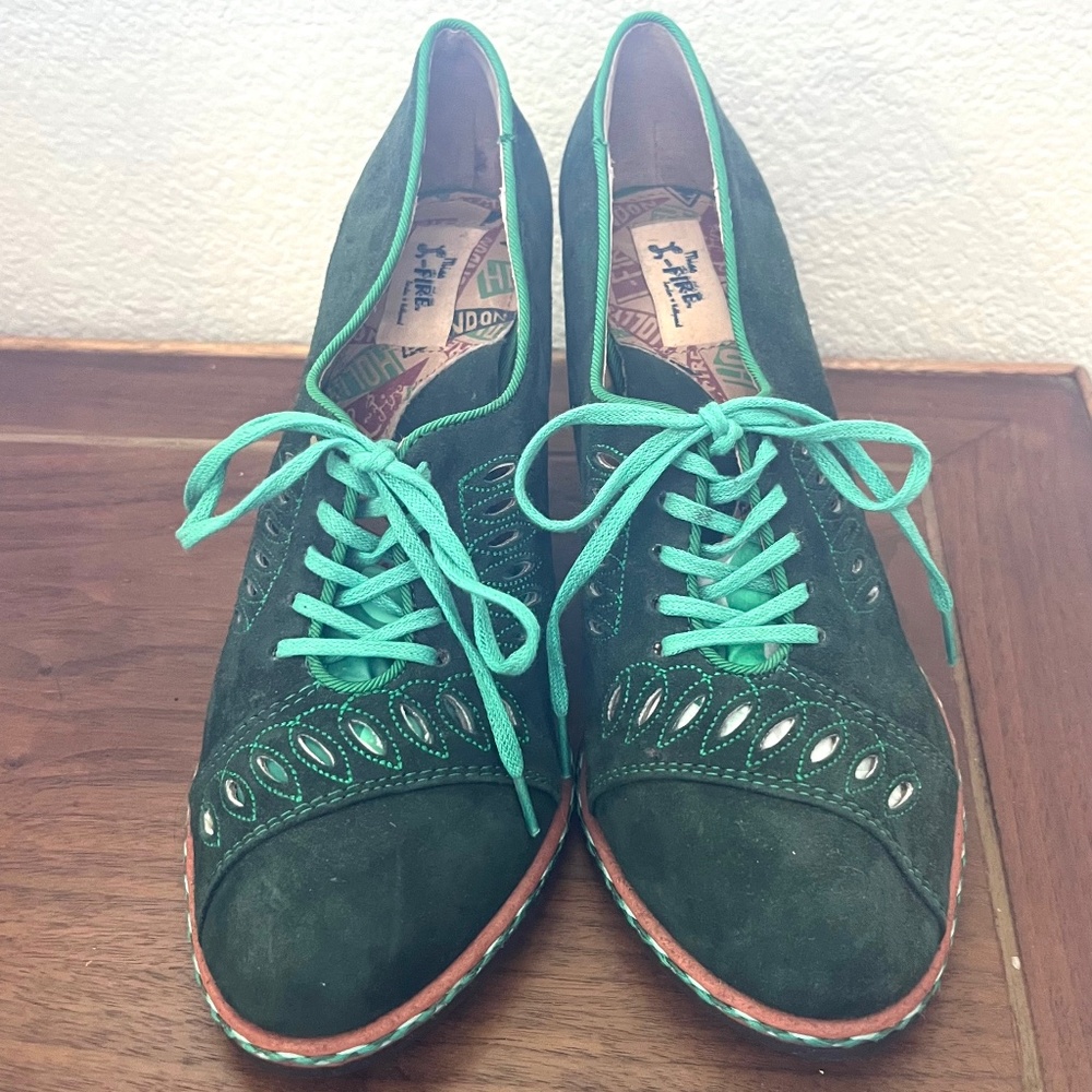 Miss L Fire Green Suede vintage style 1940s Leather Heel shoes 37 6.5